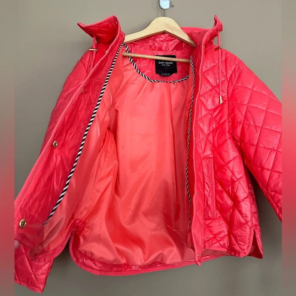 {Kate Spade} Hooded Quilted Packable Jacket in Hot Coral - Womens XL - NWT